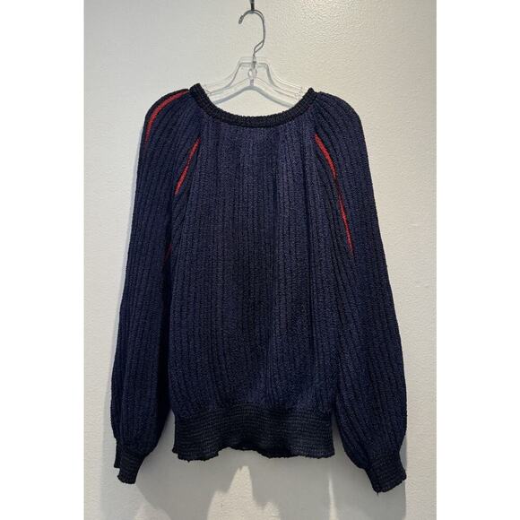 Vintage Brenda French Navy Blue Red Striped Pullover Sweater Artsy Hand Loomed - Picture 2 of 12